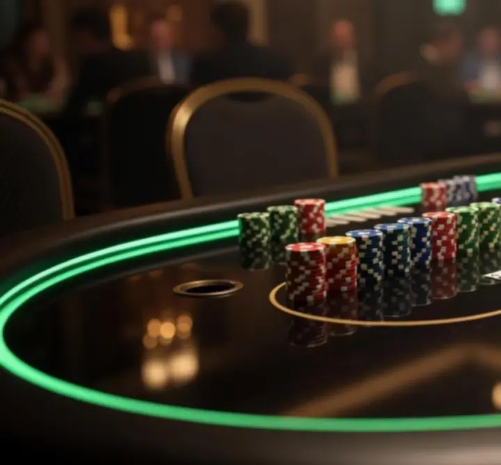 Profesjonalnie przygotowany stół pokerowy z żetonami i kartami